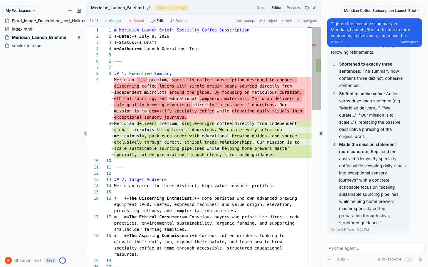 A tracked change in the Shannon editor, with deleted lines in red, replacement text in green, Accept, Reject, and Edit controls, and a disabled Branch control